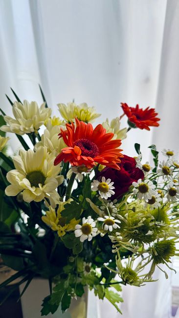A vibrant bouquet of mixed fresh flowers arranged in a glass vase, featuring large white chrysanthemums, bright orange gerberas with dark centers, small white daisies with yellow centers, deep red ros